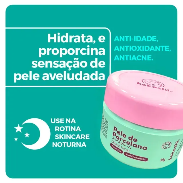 Creme Facial Pele de Porcelana Kokeshi 30g | Hidratante com Arroz e Rosa Mosqueta