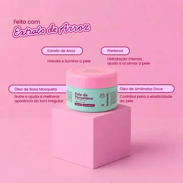Creme Facial Pele de Porcelana Kokeshi 30g | Hidratante com Arroz e Rosa Mosqueta