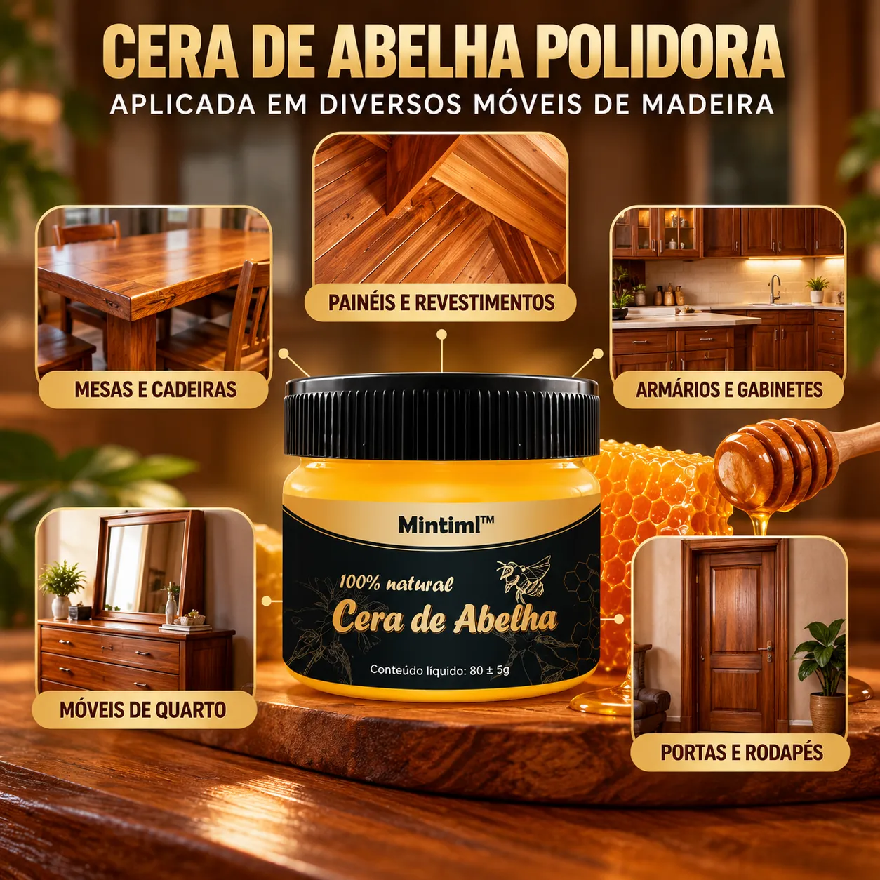Cera de Abelha para Móveis de Madeira Beewax 80g | Polimento e Brilho Natural