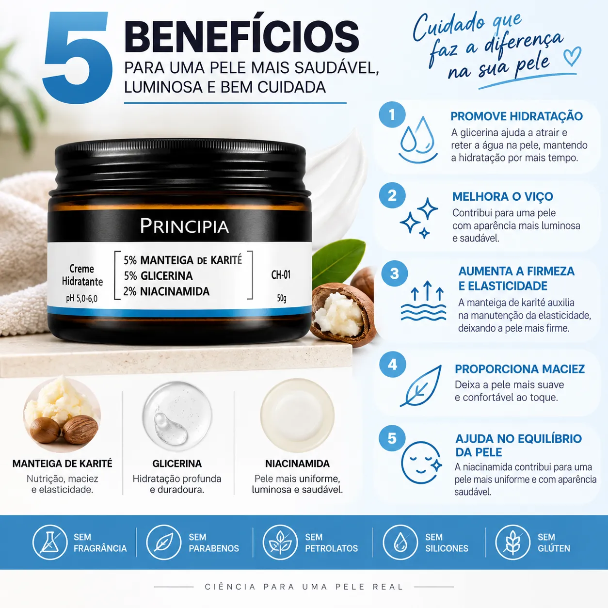 Creme Hidratante Facial Principia | 5% Karité + 5% Glicerina + 2% Niacinamida