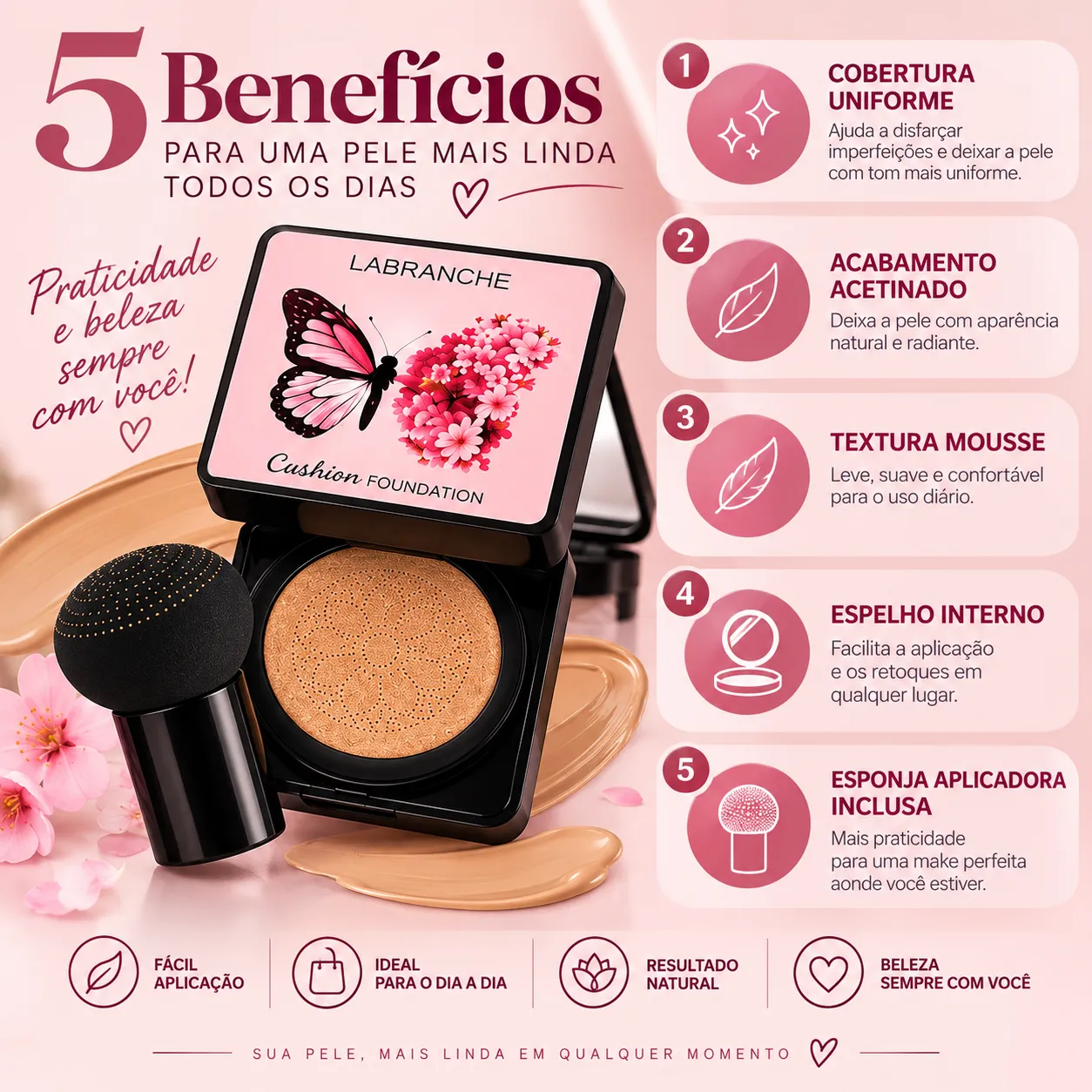 Base Mousse Mia Make 18g com Espelho e Esponja | Acabamento Acetinado