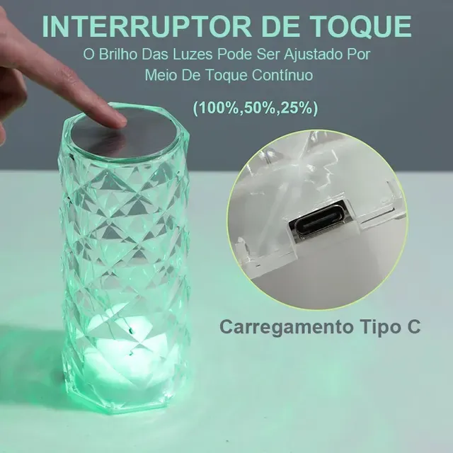 Luminária De Mesa De Cristal LED,16 Cores De Luz Com Controle Remoto,Cristal Romântico Projetor Mesa