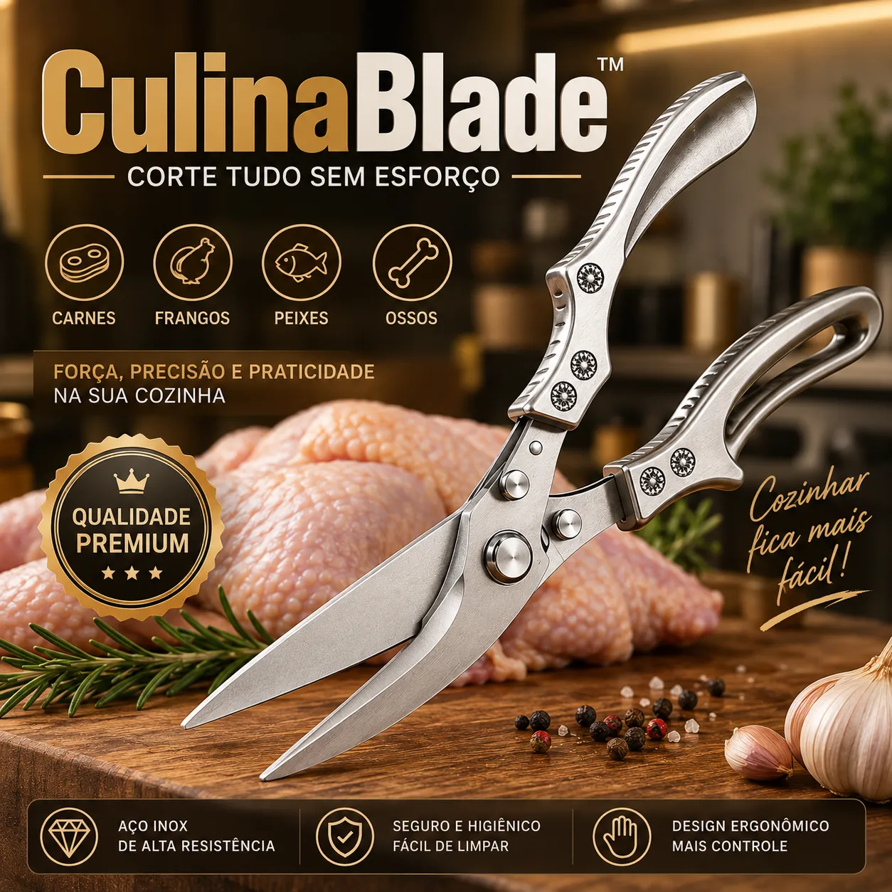 Tesoura de Cozinha Multiuso Forte - Corta Osso de Frango e Peixe, Carnes, Legumes, Aço Inoxidável Profissional