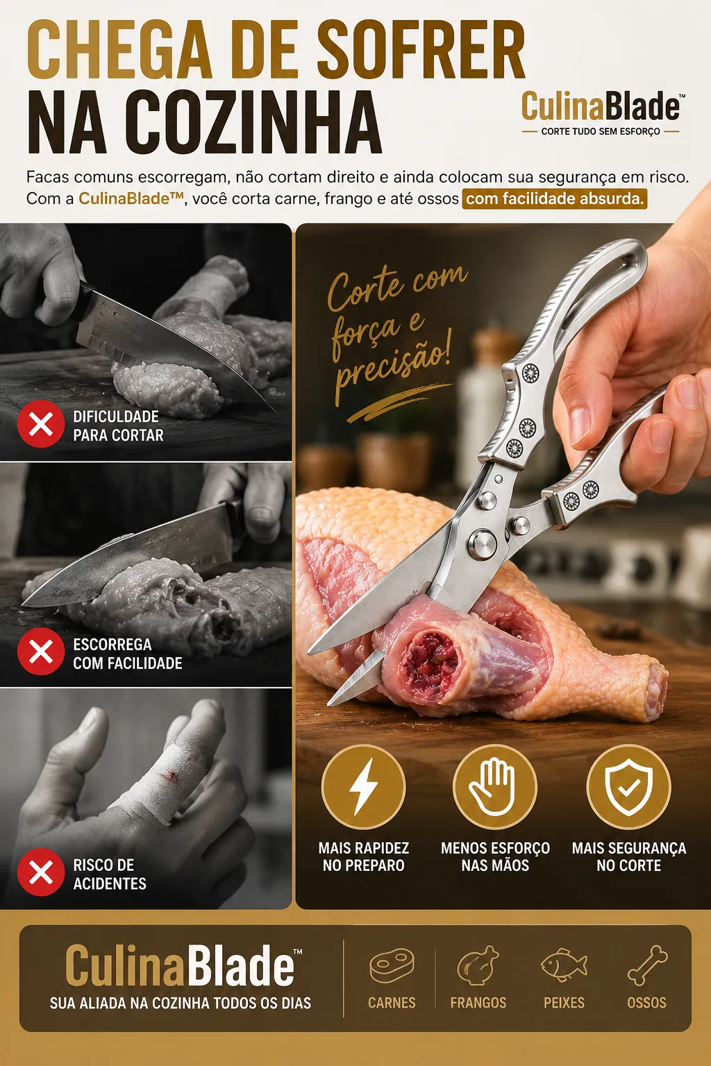 Tesoura de Cozinha Multiuso Forte - Corta Osso de Frango e Peixe, Carnes, Legumes, Aço Inoxidável Profissional