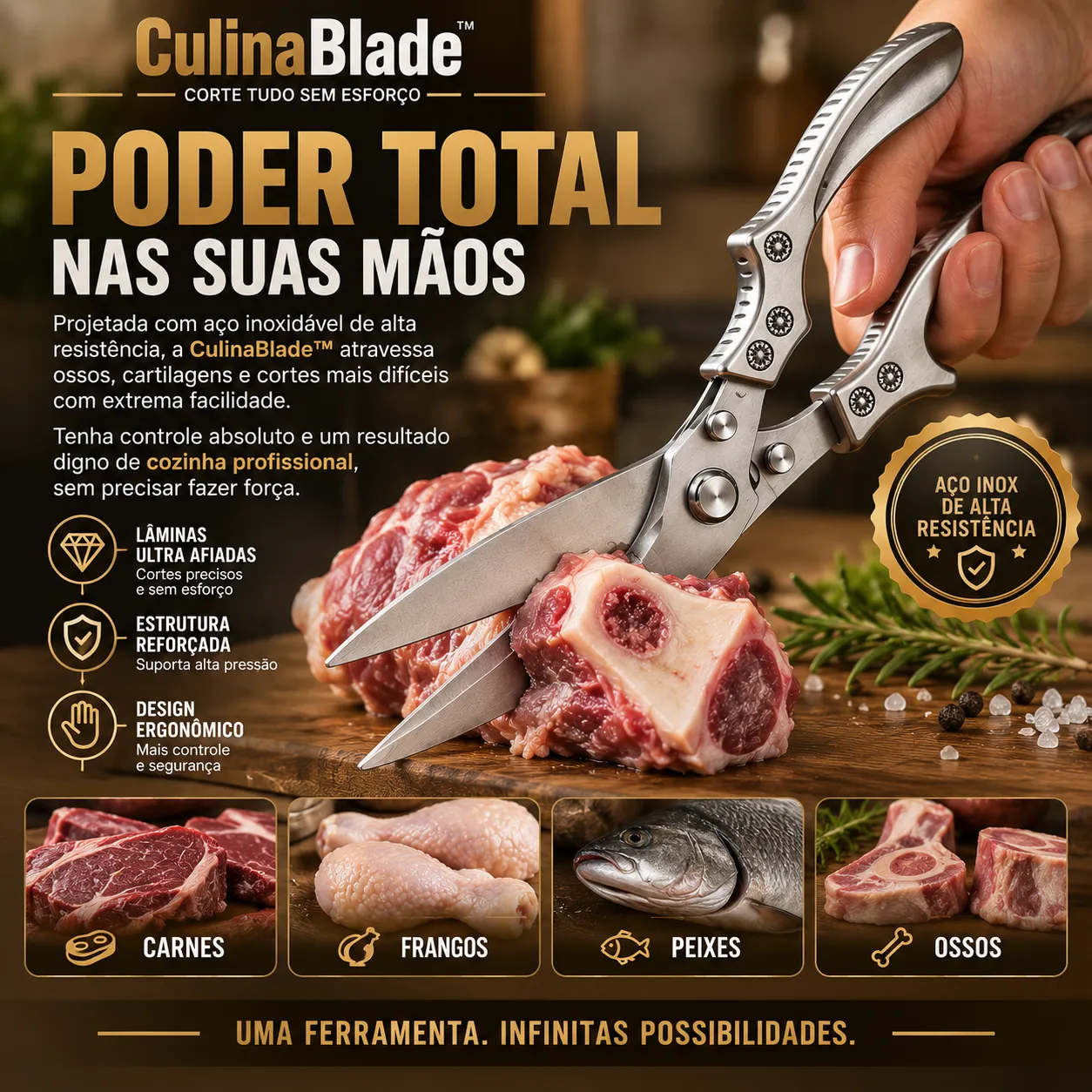 Tesoura de Cozinha Multiuso Forte - Corta Osso de Frango e Peixe, Carnes, Legumes, Aço Inoxidável Profissional