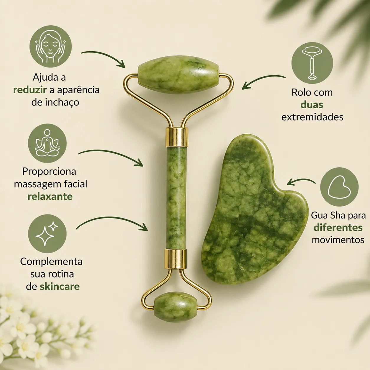 Kit Rolo de Jade + Gua Sha | Massageador Facial para Rotina de Skincare