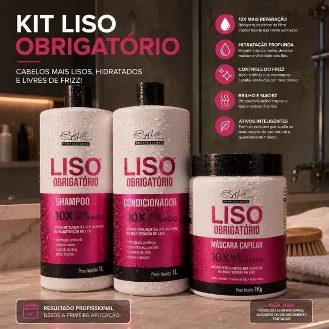 Kit Capilar PROFISSIONAL 03 itens Liso Obrigatório BELKIT de 1 LITRO Shampoo Condicionador Mascara