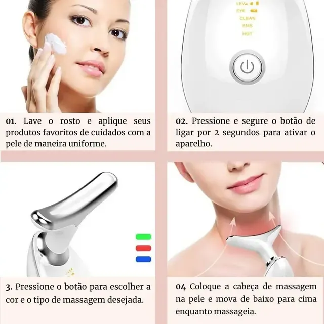 Massageador Facial LED 7 Cores - Modos, Aparelho Anti-Rugas para Rosto e Pescoço, Tratamento Estético Vibratório com Luz