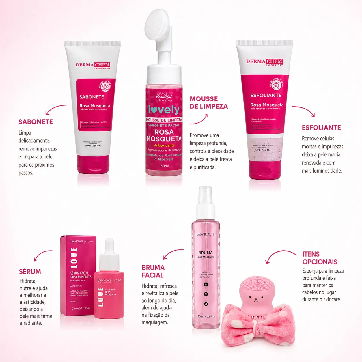 Kit skincare rosa mosqueta limpeza de pele bruma facial