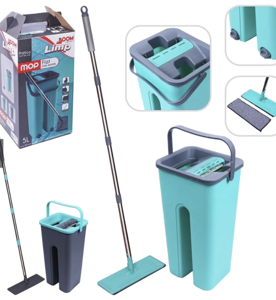 Rodo Mop Flat 2 Refis Esfregão Com Balde Rodo Mágico Lava Seca Tira Pó Limpeza Profissional