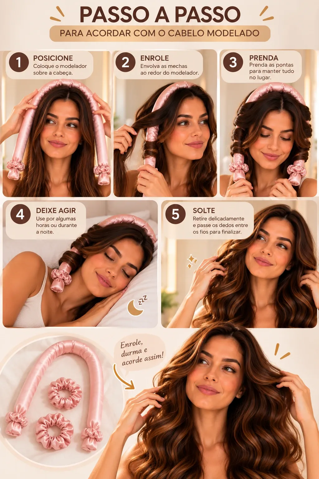kit cetim anti frizz touca cetim + modelador sem calor curling rod + fronha