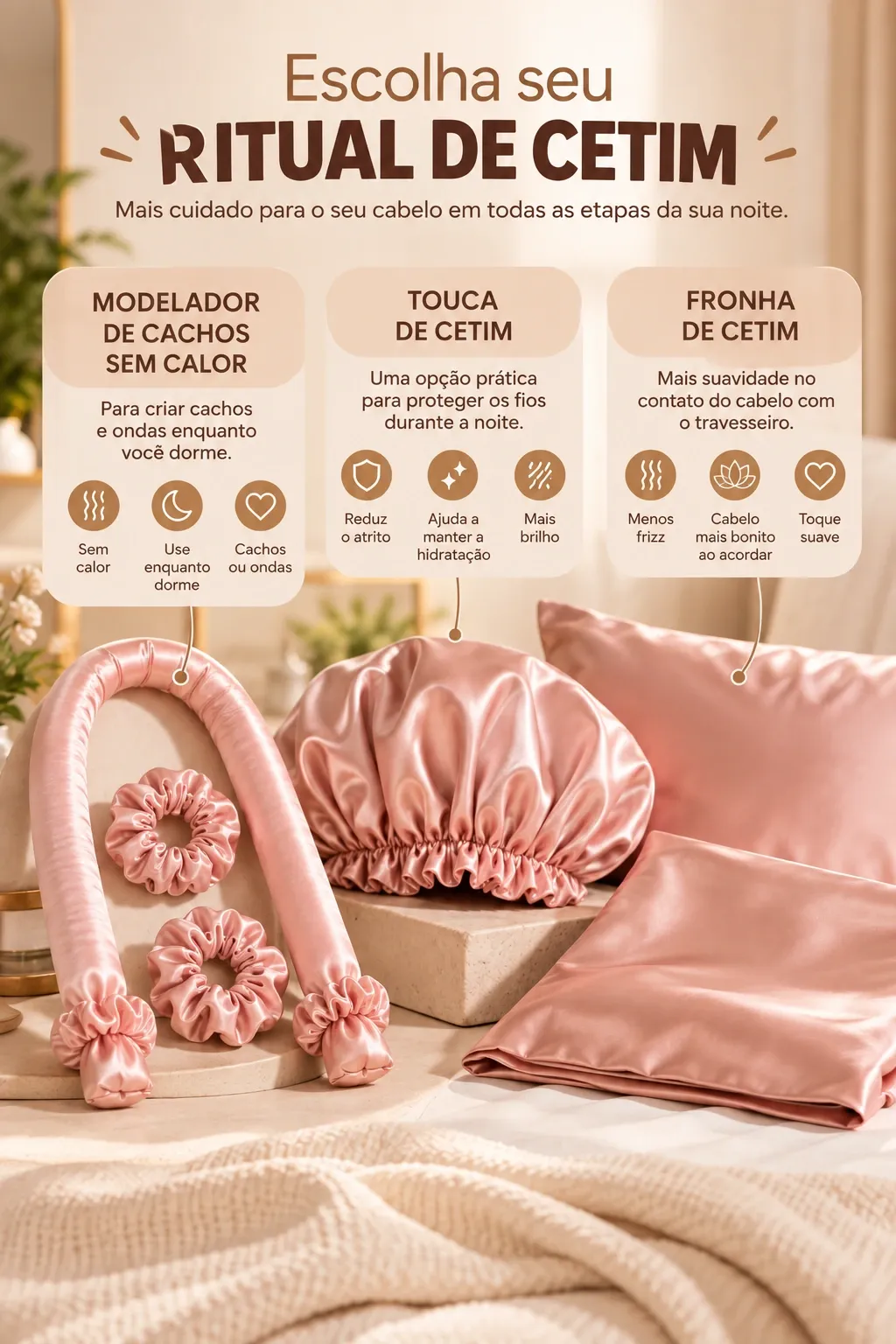 kit cetim anti frizz touca cetim + modelador sem calor curling rod + fronha