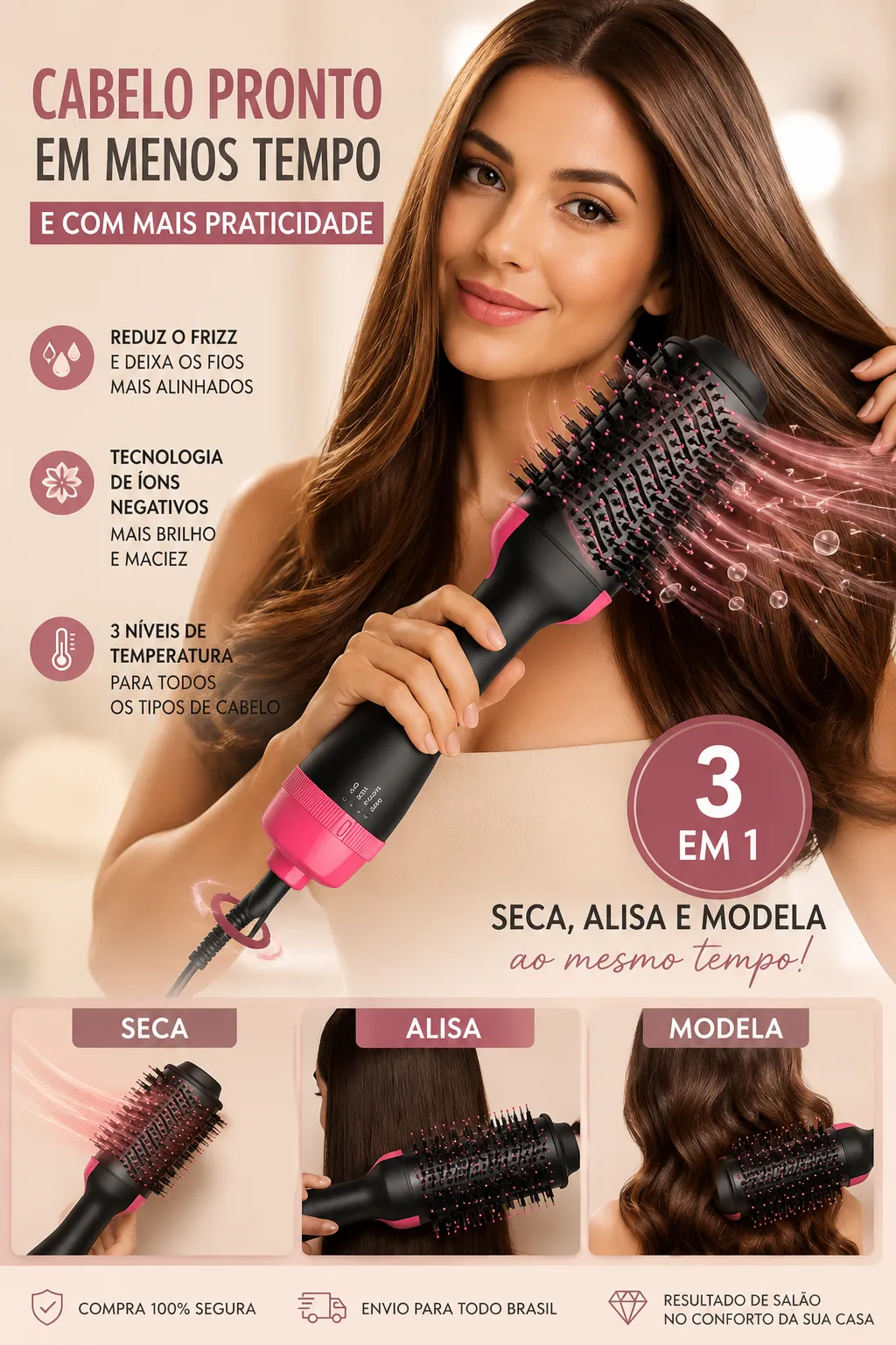 ESCOVA SECADORA 110/220v - MODELADOR DE CABELO 3 EM 1