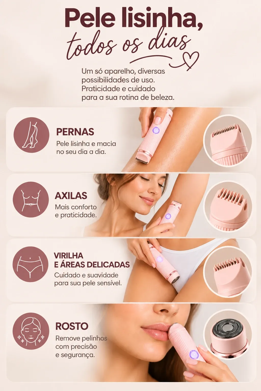 DEPILAÇÃO RÁPIDA E PRÁTICA, SEM CORTE E SEM IRRITAÇÃO
