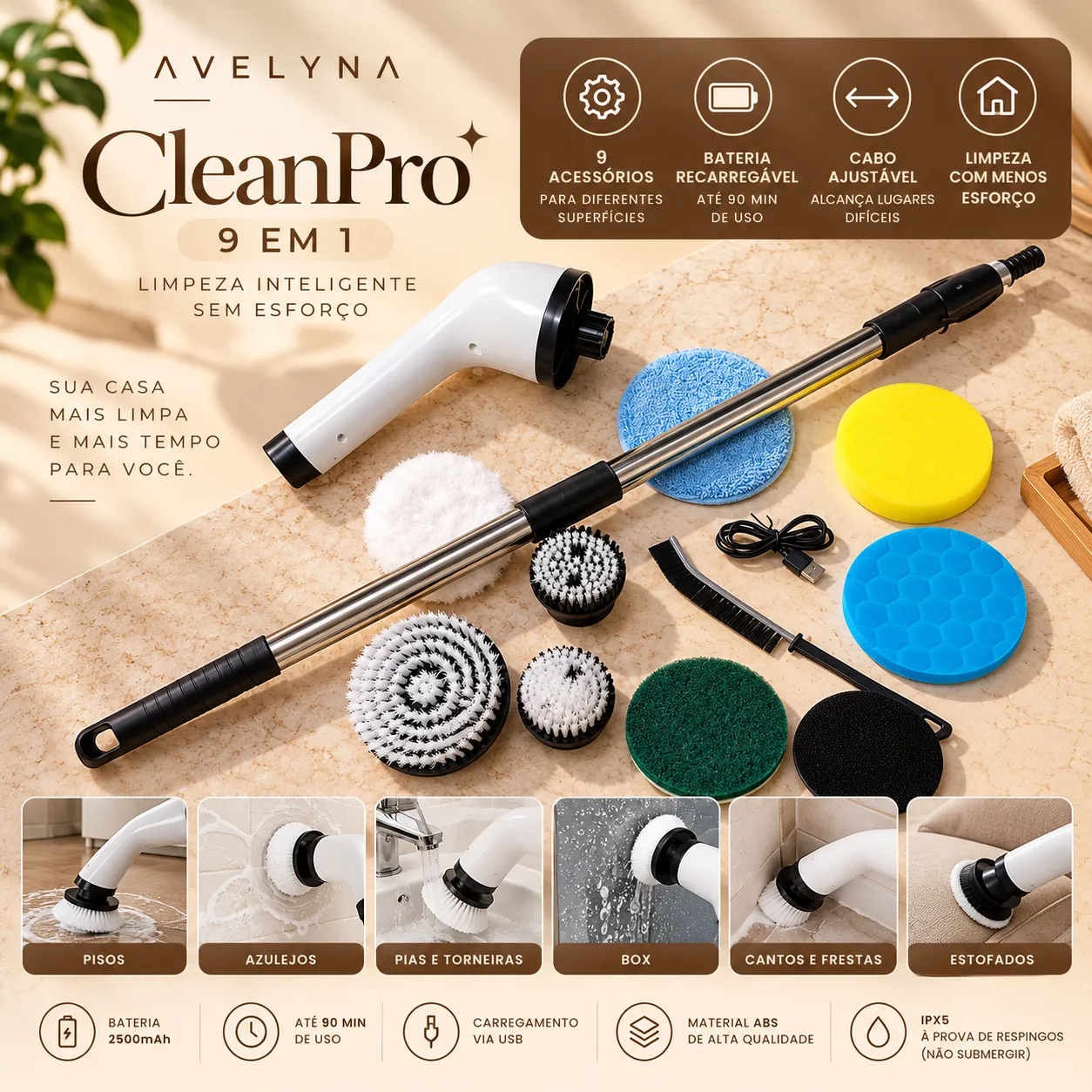 Escova Elétrica de Limpeza CleanPro 9 em 1 –  Casa Limpa Sem Esforço