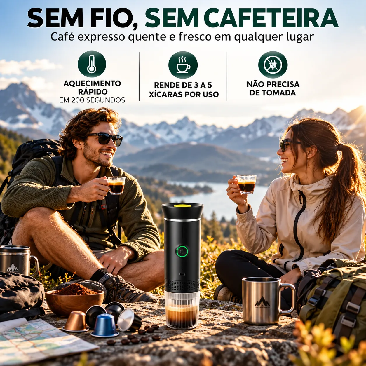 CoffeeGo 3 em 1 — Cafeteira Portátil Recarregável para Cápsulas e Café Moído