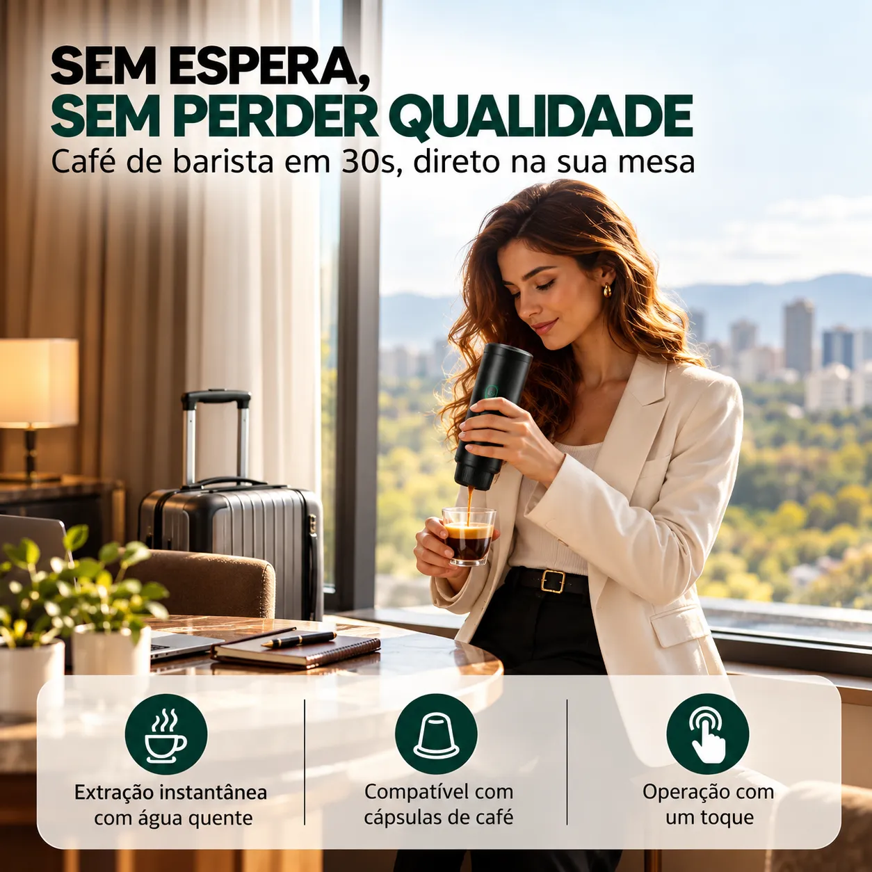 CoffeeGo 3 em 1 — Cafeteira Portátil Recarregável para Cápsulas e Café Moído