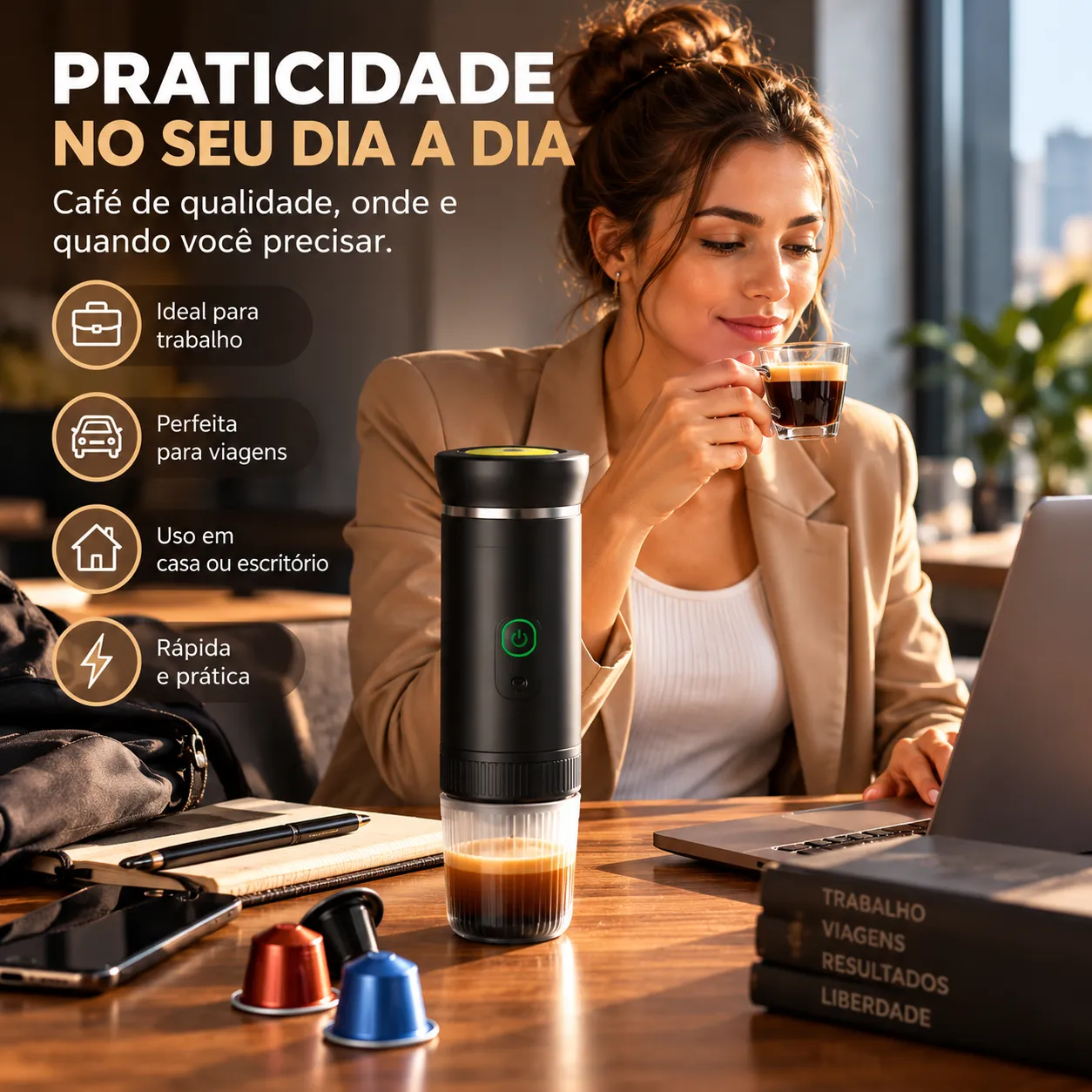 CoffeeGo 3 em 1 — Cafeteira Portátil Recarregável para Cápsulas e Café Moído