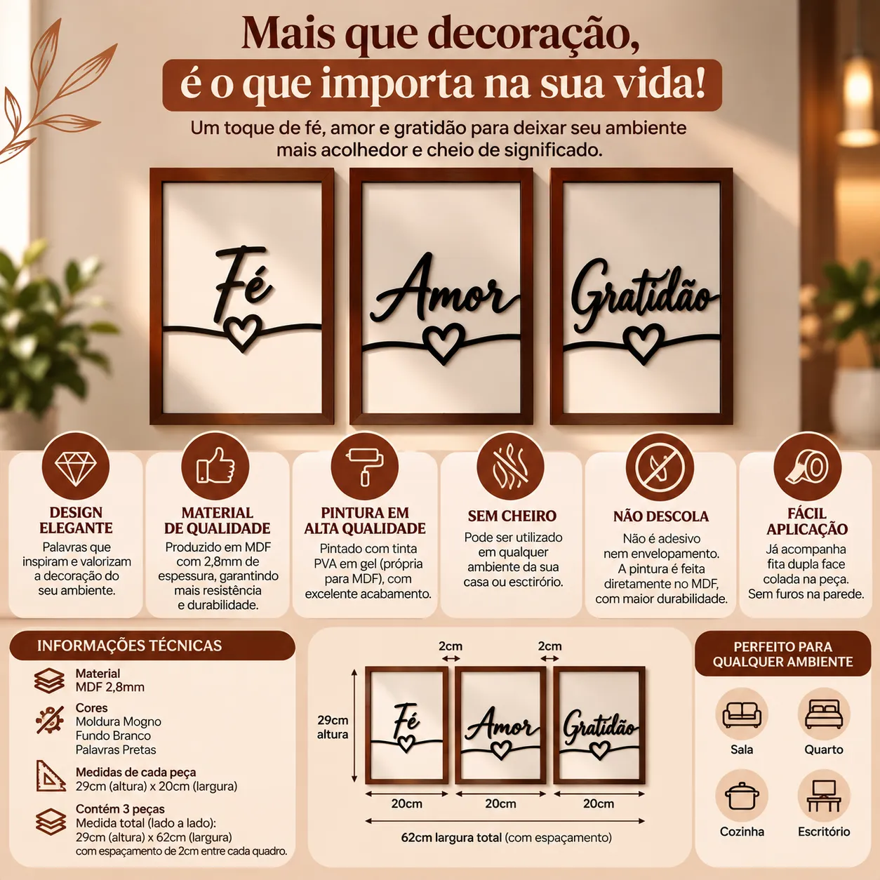 Kit com 3 Quadros MDF com moldura cor Mogno com Palavras Fé Amor Gratidão Decorativas