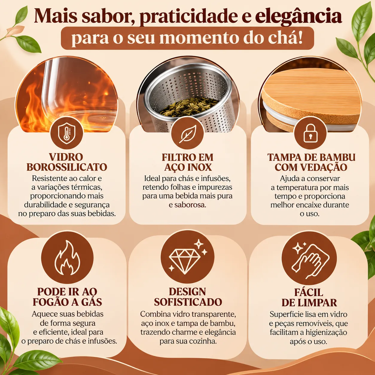 Chaleira de Vidro Borossilicato 1L com Infusor Inox e Tampa de Bambu