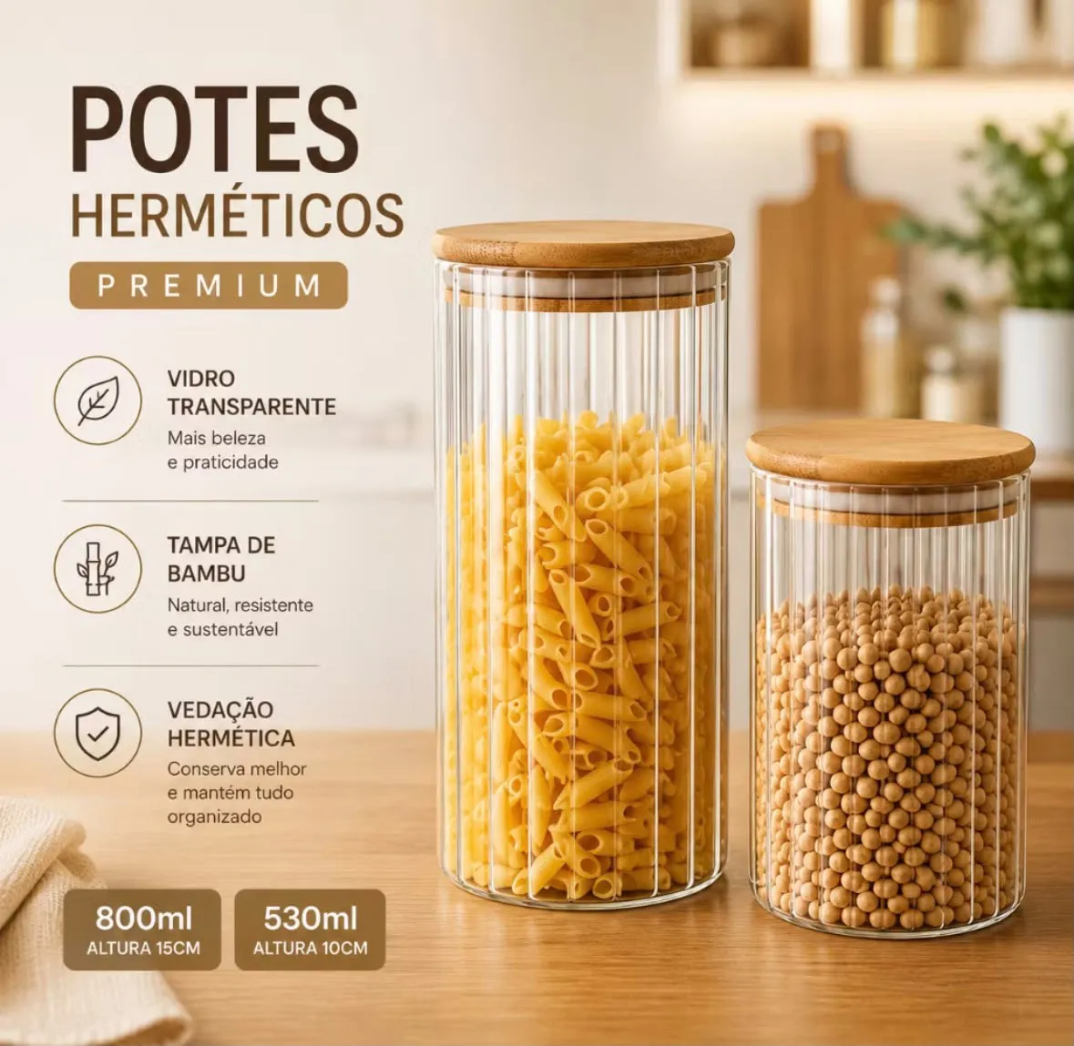 Kit Pote Hermético de Vidro Canelado com Tampa Bambu Multiuso Mantimentos Temperos Casa Cozinha 530ml 800ml Top Demais!!
