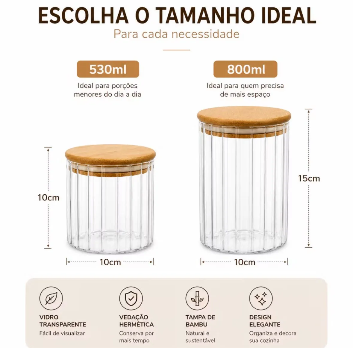 Kit Pote Hermético de Vidro Canelado com Tampa Bambu Multiuso Mantimentos Temperos Casa Cozinha 530ml 800ml Top Demais!!
