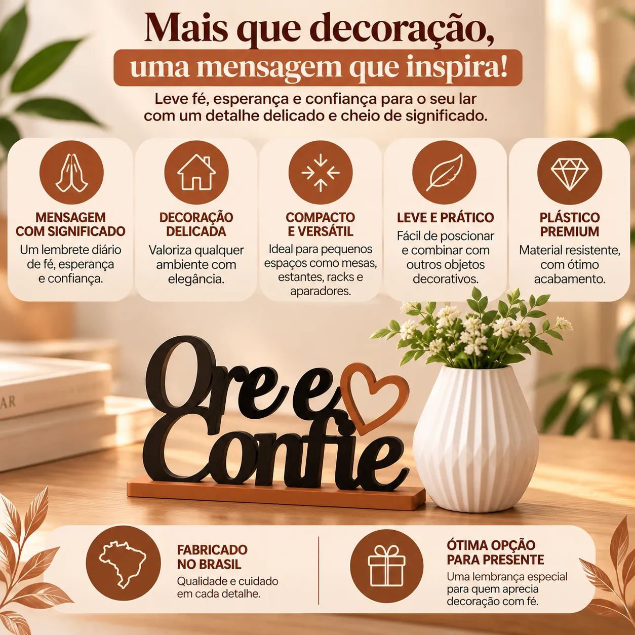 Kit Decorativo Ore e Confie com Letreiro e Vaso – Fé e Elegância