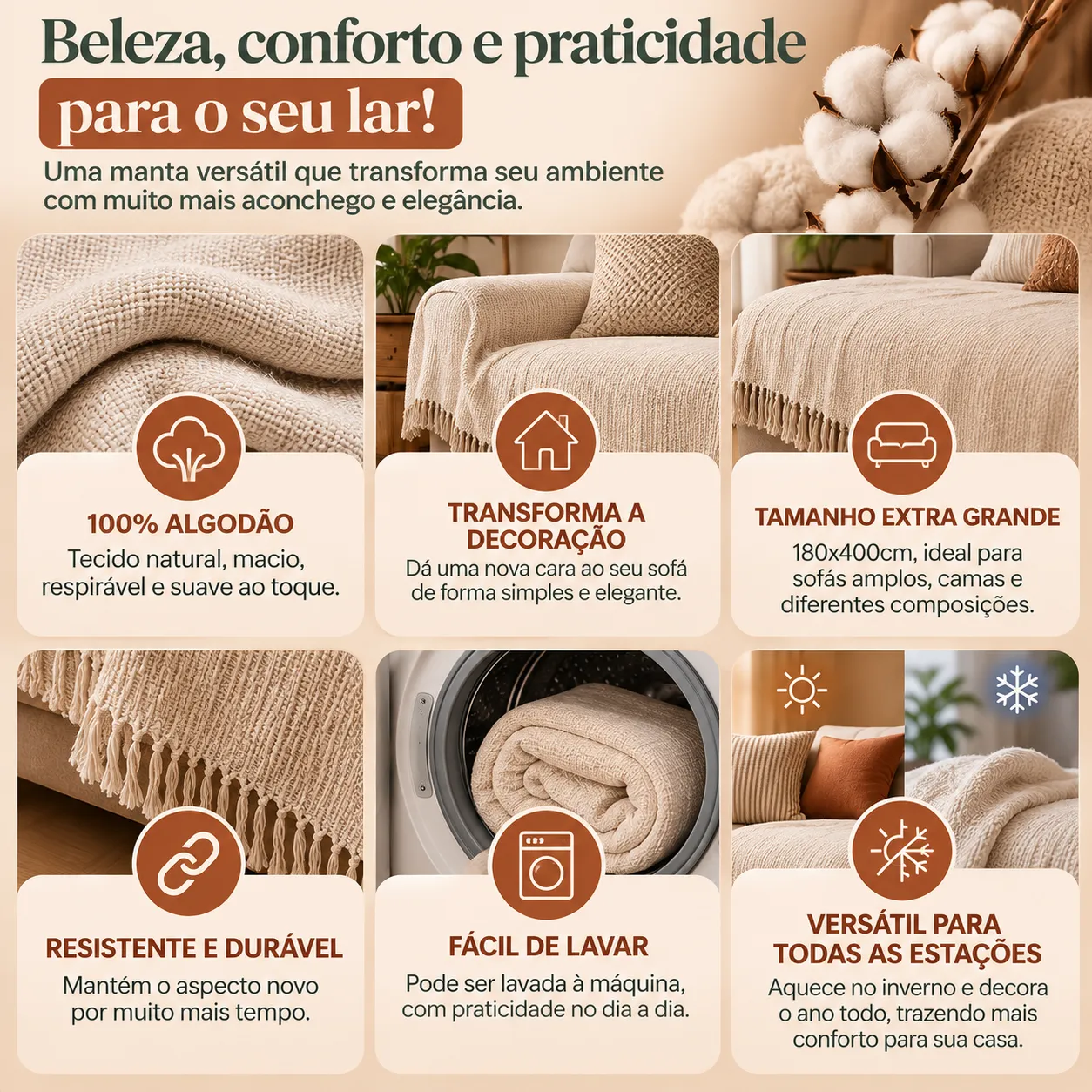 Manta Decorativa para Sofá 180x400cm 100% Algodão – Conforto e Elegância