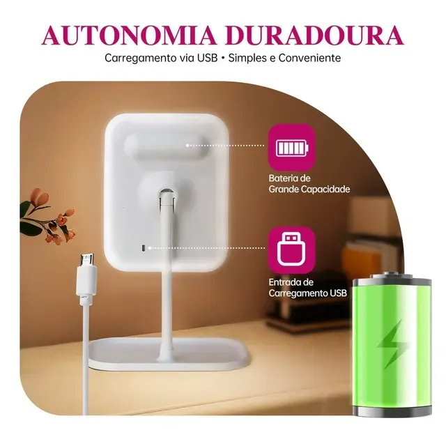Espelho de Mesa LED Touch Recarregável com 3 Tons de Luz e Base Organizadora