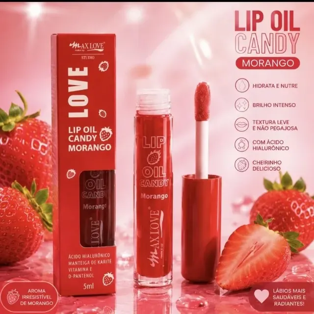 Lip Oil Candy Morango Max Love – Hidratação + Brilho Espelhado ✨