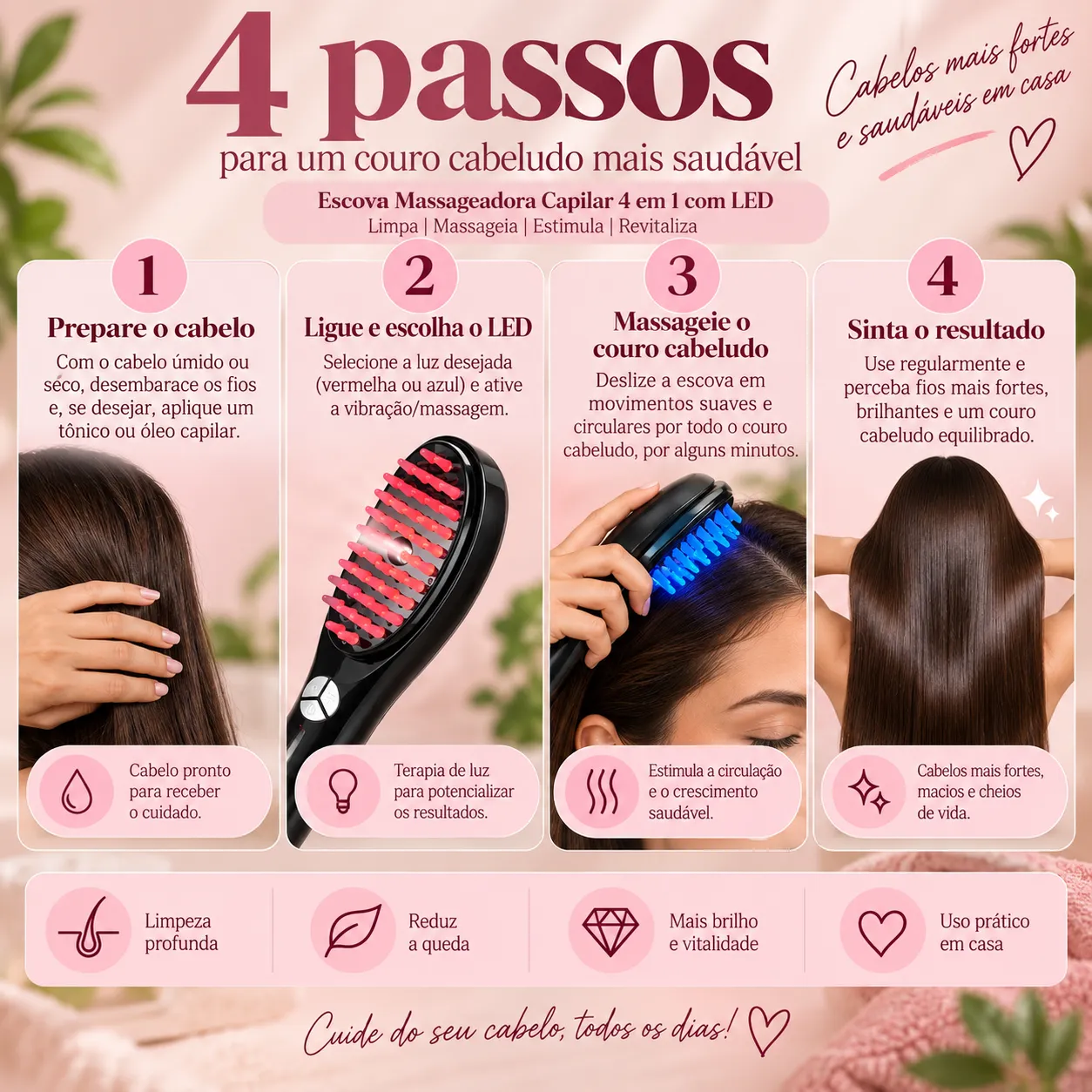 Escova Massageadora Capilar 4 em 1 com Laser – Estimulador e Cuidado Antiqueda
