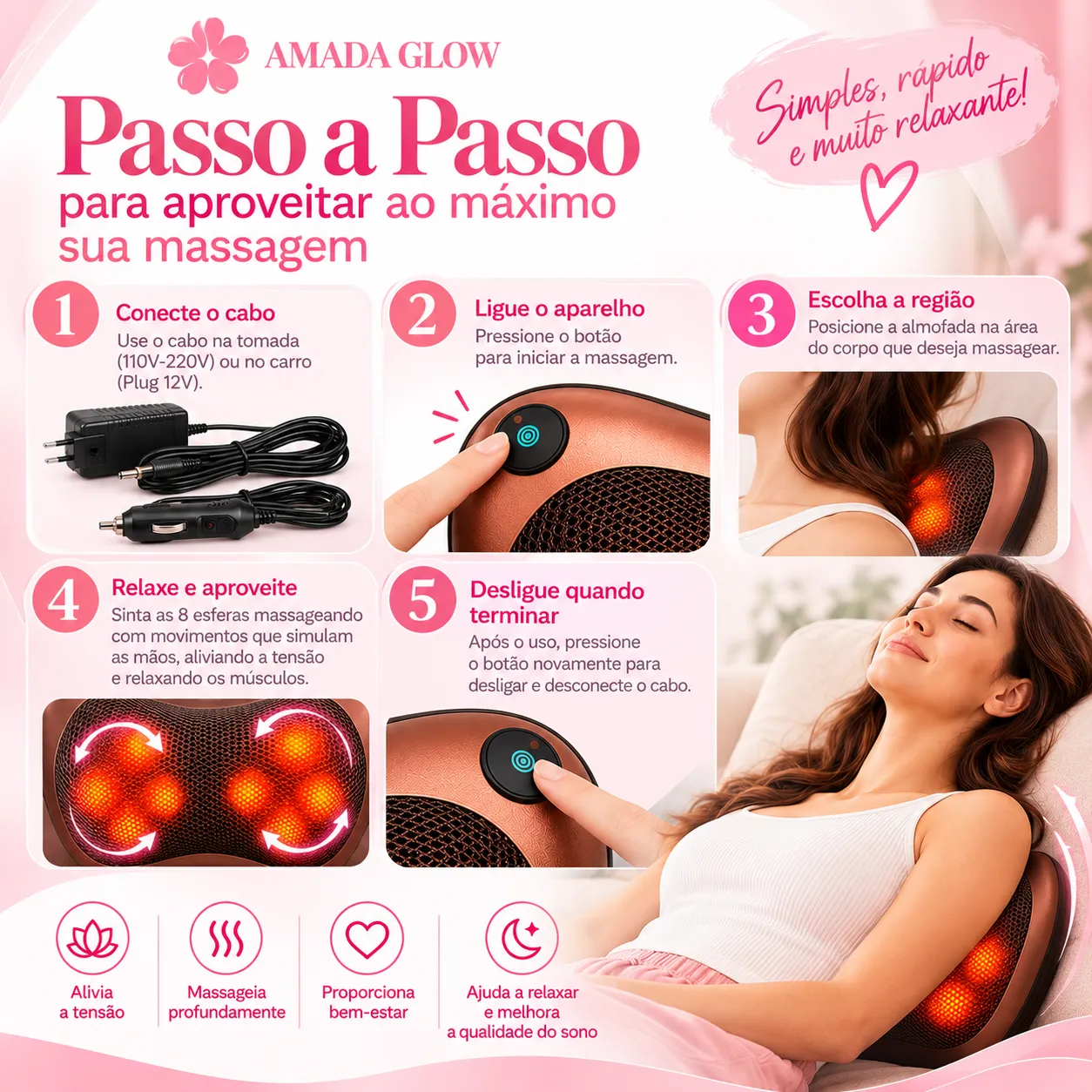 Almofada Massageadora Shiatsu 8 Esferas – Relaxamento e Bem-Estar