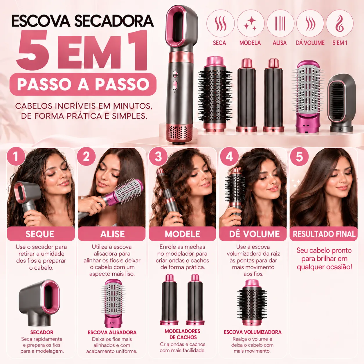 Escova Secadora 5 em 1 – Modeladora Multifuncional de Ar Quente | 110V e 220V