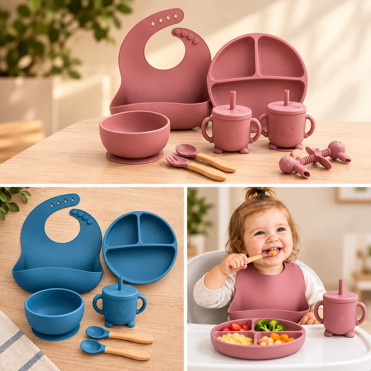 Kit 8 Pçs, Conjunto De Refeição Em Silicone Para Bebê, Prato com Ventosa, 100% Silicone, Babador Com Estampa