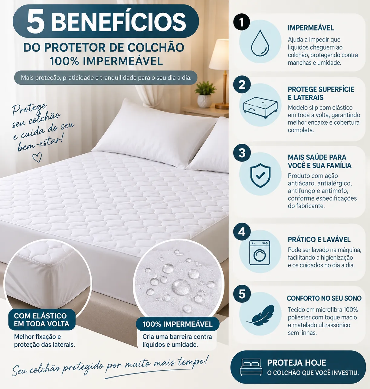 Protetor de Colchão 100% Impermeável Matelado com Elástico em Toda Volta