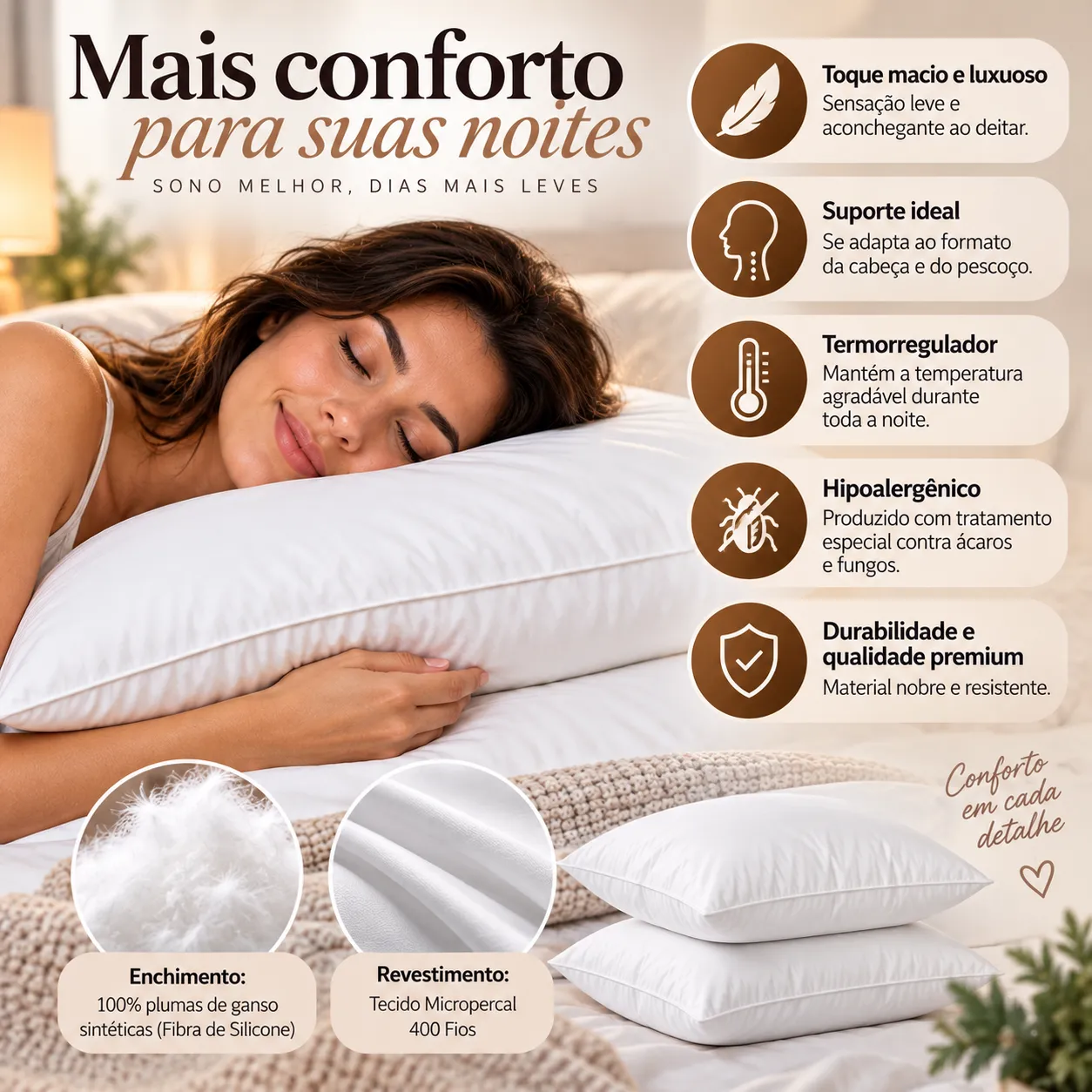 Kit Travesseiros de Fibra Siliconada 50 x 70 cm | 2 ou 4 Unidades