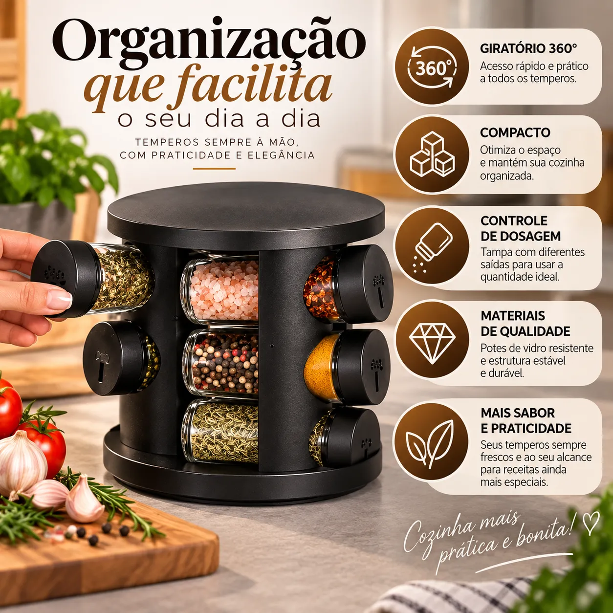 Porta-Condimentos Giratório 360° com 6 Potes de Vidro | Organizador de Temperos