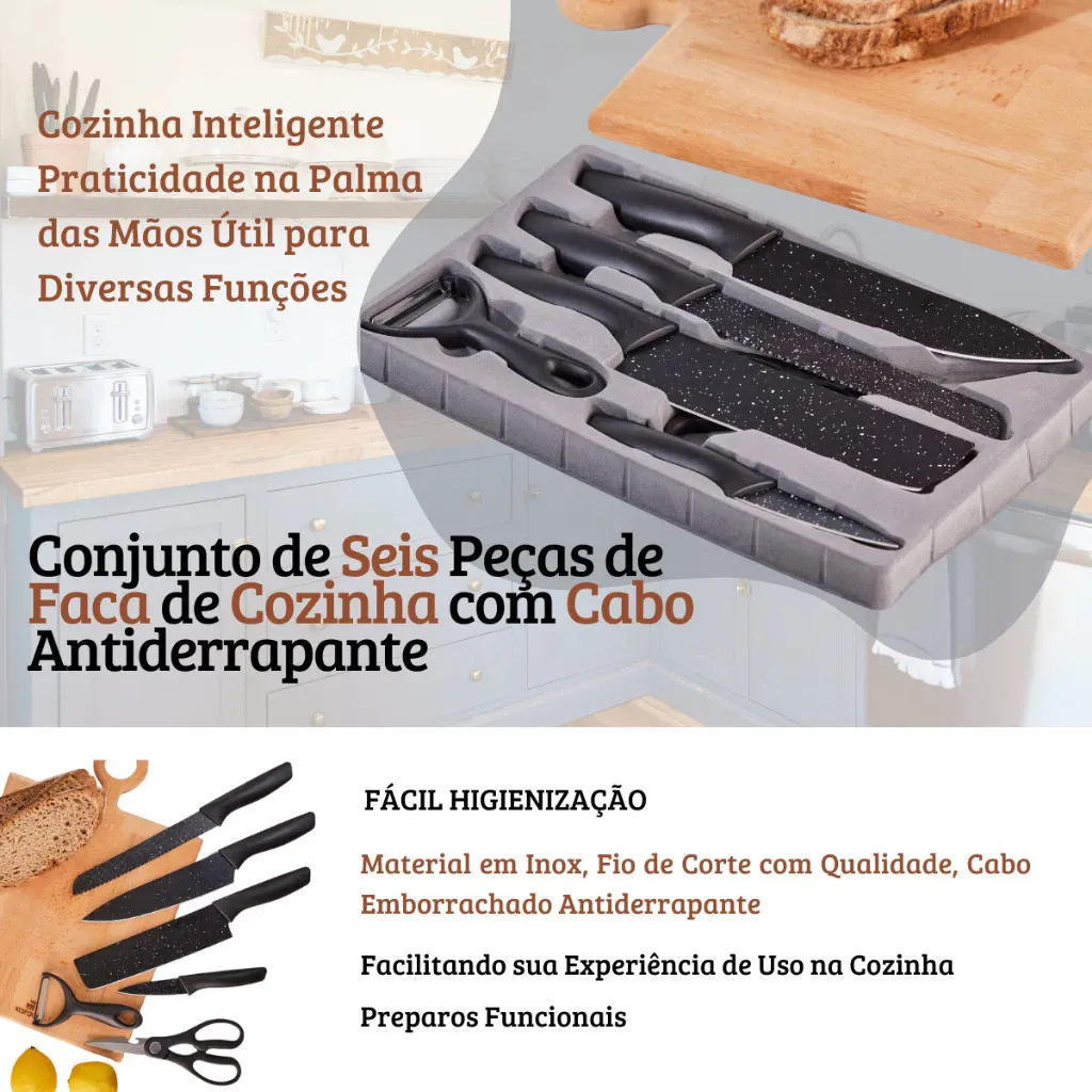 Kit de Facas Gourmet 6 Peças em Aço Inox | Facas, Tesoura e Descascador