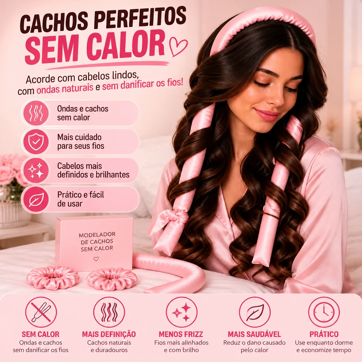 Kit de Cetim Antifrizz 3 em 1 | Touca, Fronha e Modelador de Cachos Sem Calor ✨