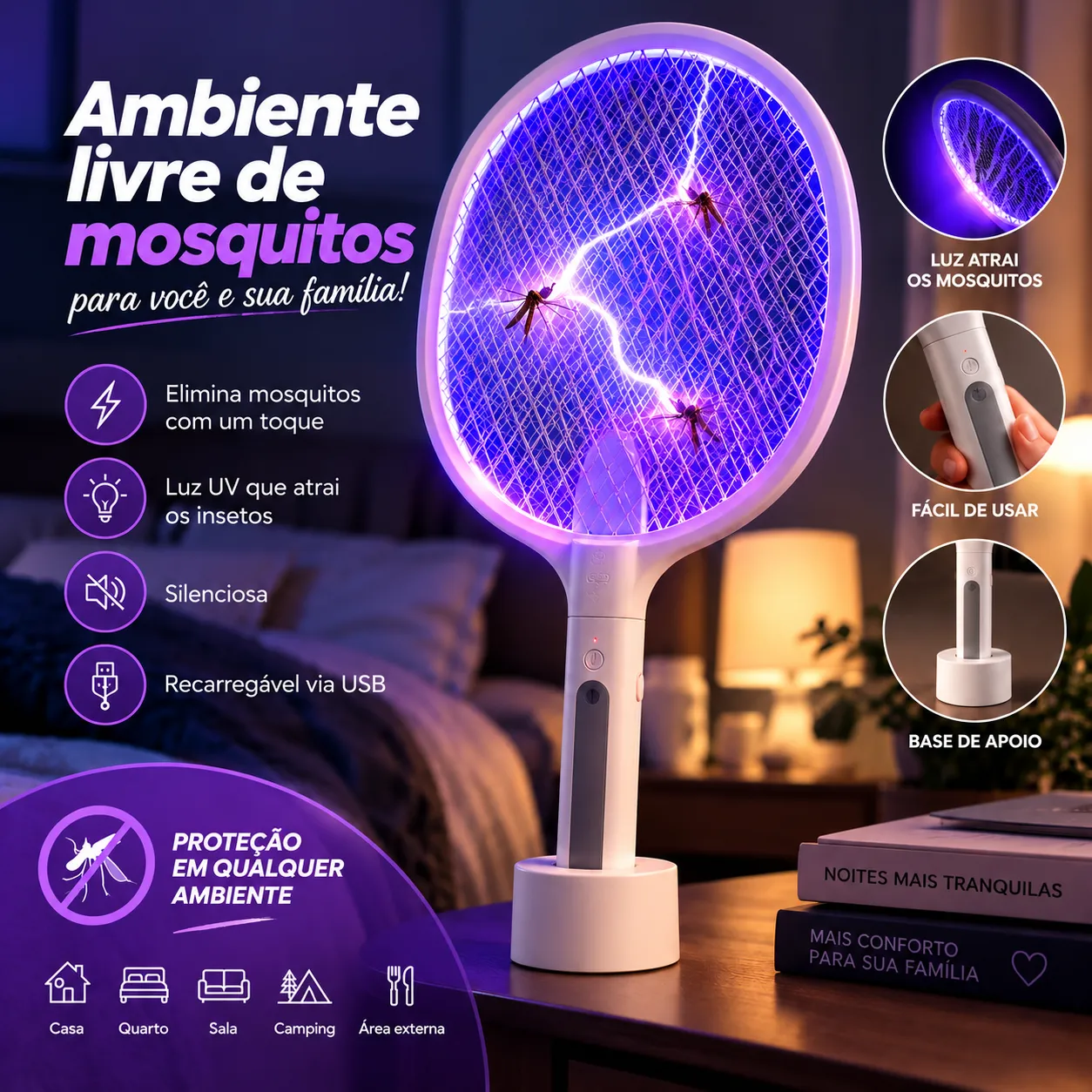 Raquete Mata Mosquito Dobrável Elétrica Com Luz Atrai Mosquito Recarregavel USB