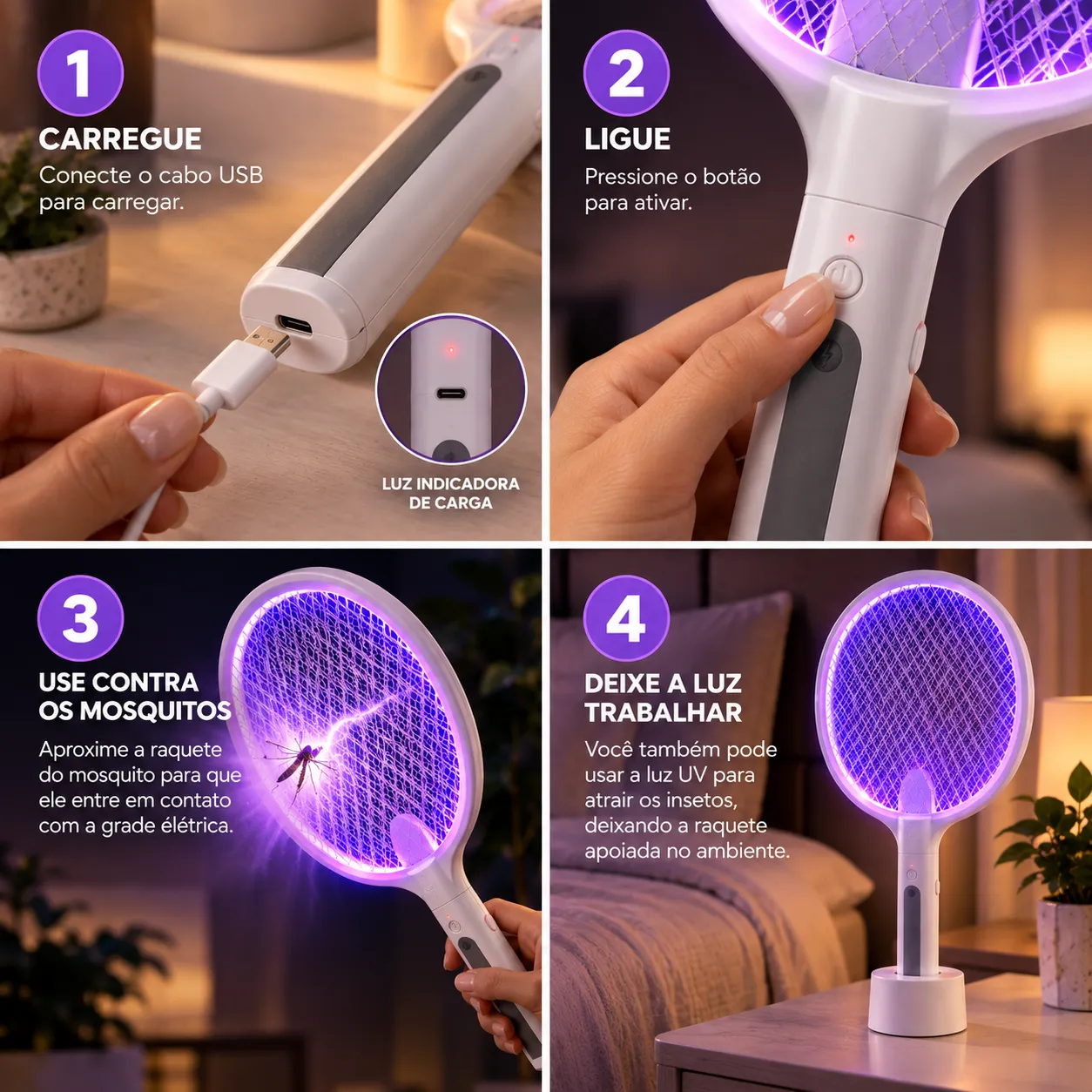 Raquete Mata Mosquito Dobrável Elétrica Com Luz Atrai Mosquito Recarregavel USB