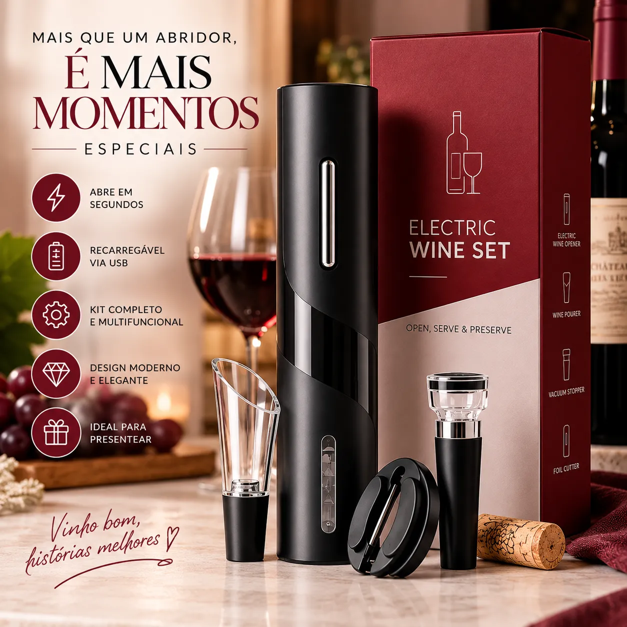 Kit 4 Pçs Saca Rolha Abridor De Vinho Elétrico Recarregável Automático Carregamento USB