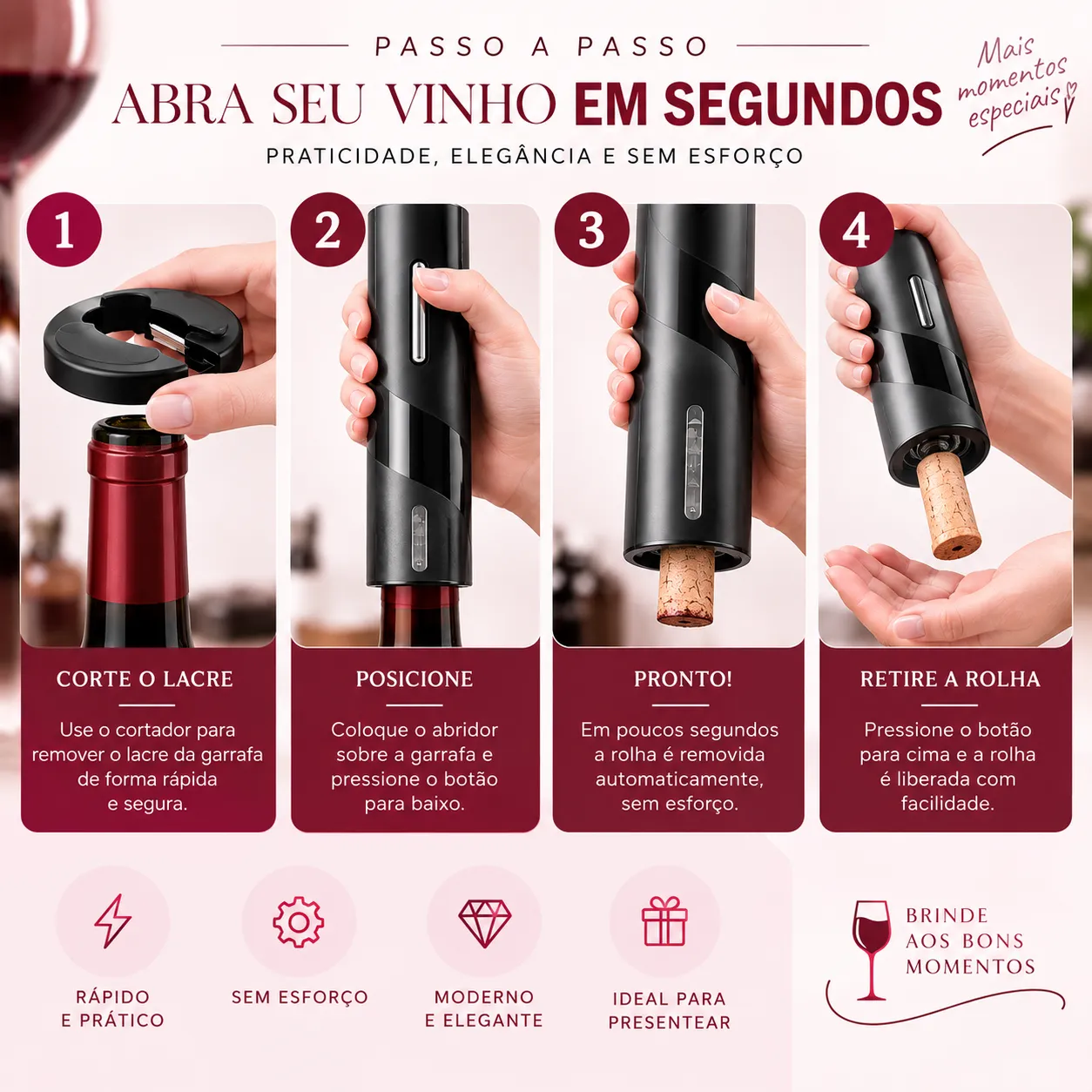Kit 4 Pçs Saca Rolha Abridor De Vinho Elétrico Recarregável Automático Carregamento USB