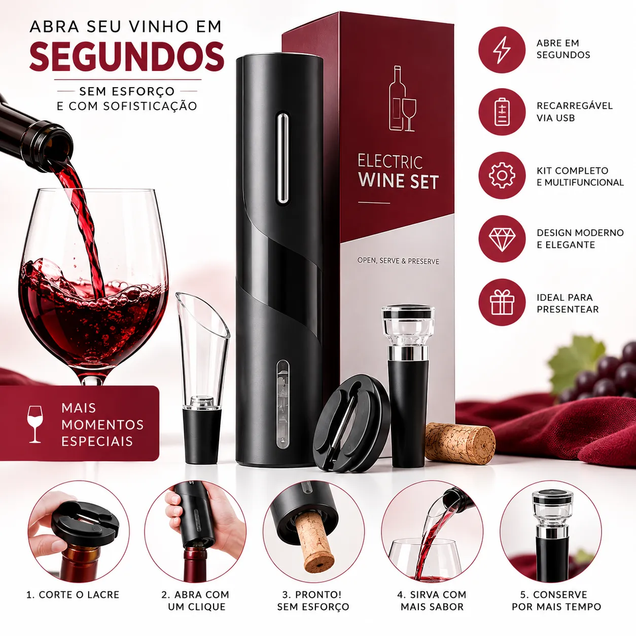 Kit 4 Pçs Saca Rolha Abridor De Vinho Elétrico Recarregável Automático Carregamento USB