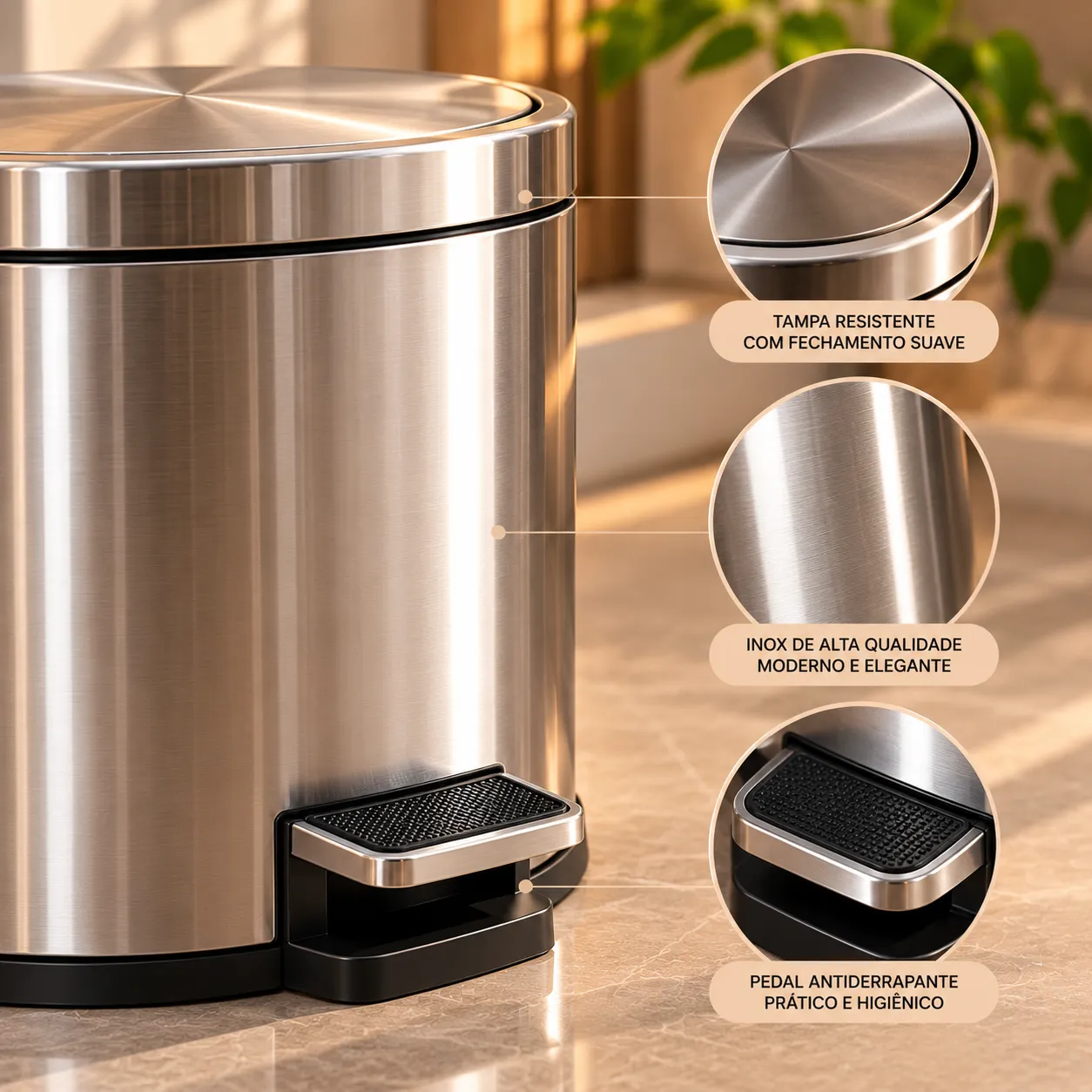 Kit Lixeiras Inox Premium 3 Peças – Mais Elegância e Organização para Sua Casa