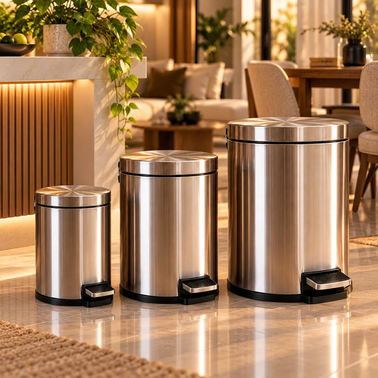 Kit Lixeiras Inox Premium 3 Peças – Mais Elegância e Organização para Sua Casa
