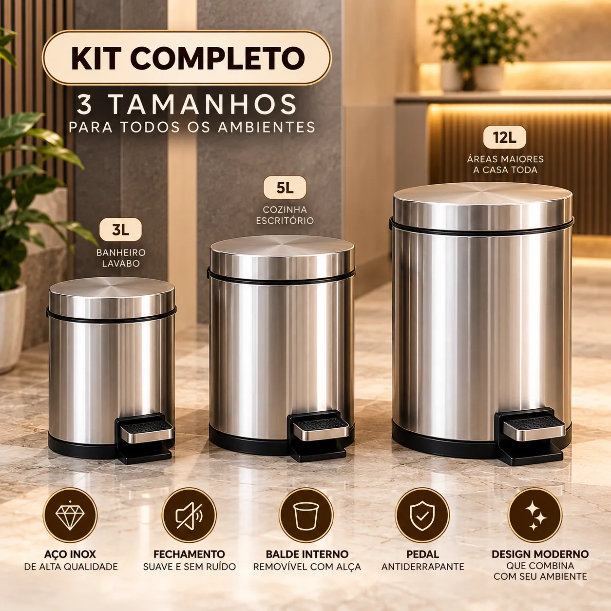 Kit Lixeiras Inox Premium 3 Peças – Mais Elegância e Organização para Sua Casa