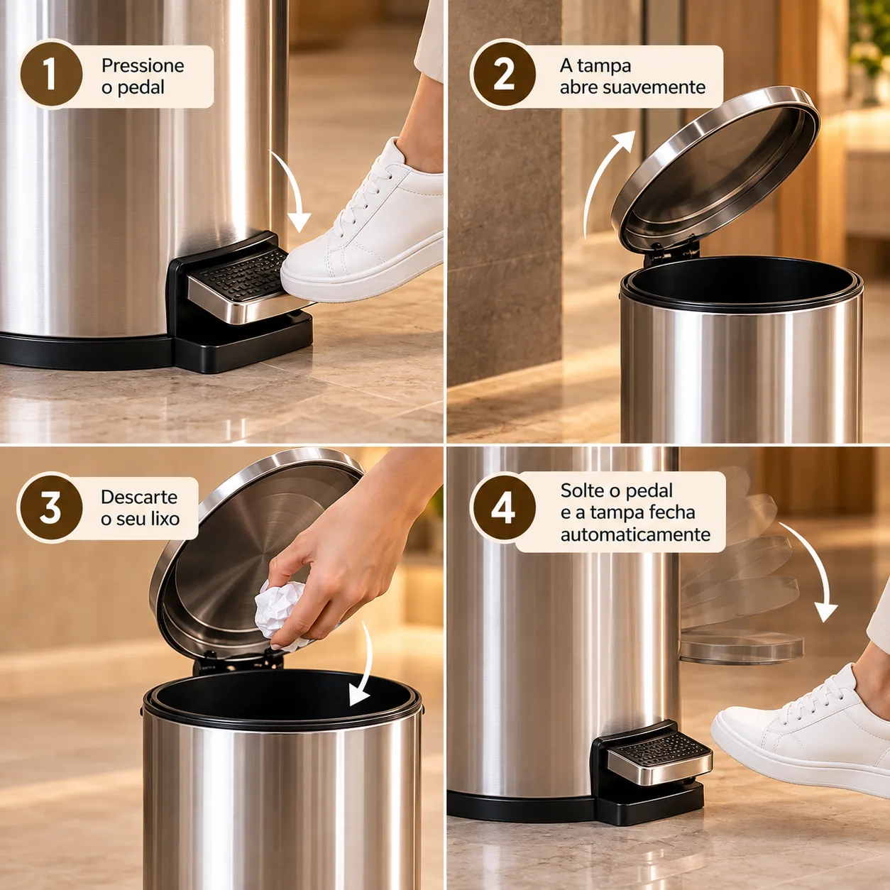 Kit Lixeiras Inox Premium 3 Peças – Mais Elegância e Organização para Sua Casa
