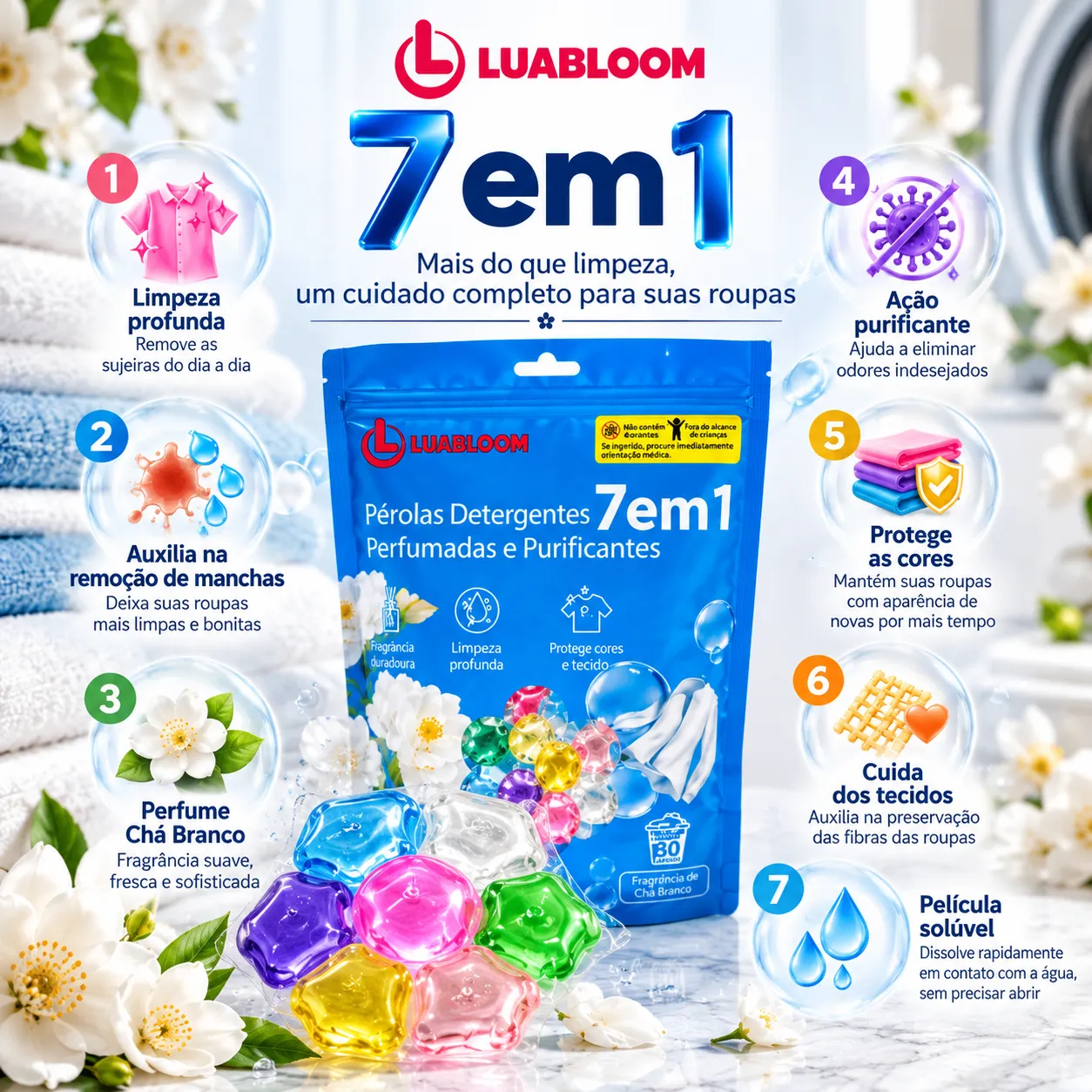 Cápsulas Lava-Roupas LUABLOOM 7 em 1 — Chá Branco | Limpeza e Perfume