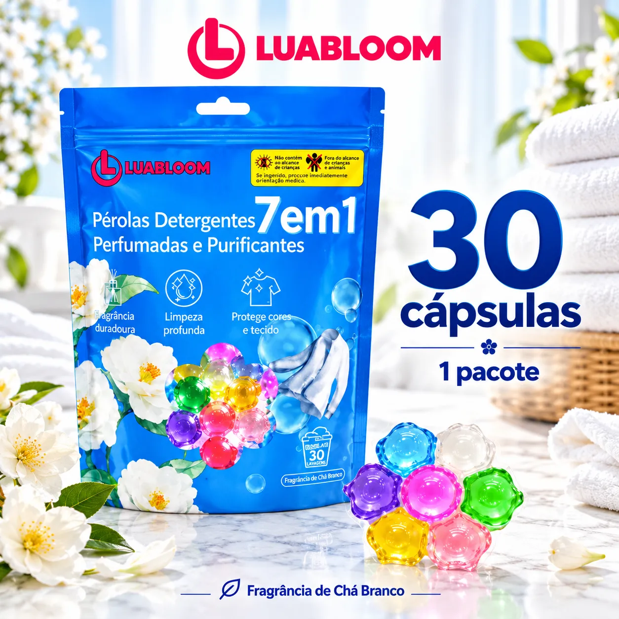 Cápsulas Lava-Roupas LUABLOOM 7 em 1 — Chá Branco | Limpeza e Perfume